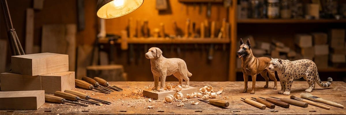 A craftsman's workshop bench showing the full journey from raw basswood blocks and tools on the left, to a rough carved dog in progress, to finished Malinois and snow leopard sculptures on the right