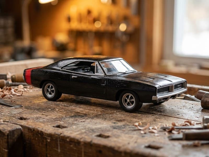 Miniature 1969 Dodge Charger R/T wood carving in gloss black with a red tail stripe