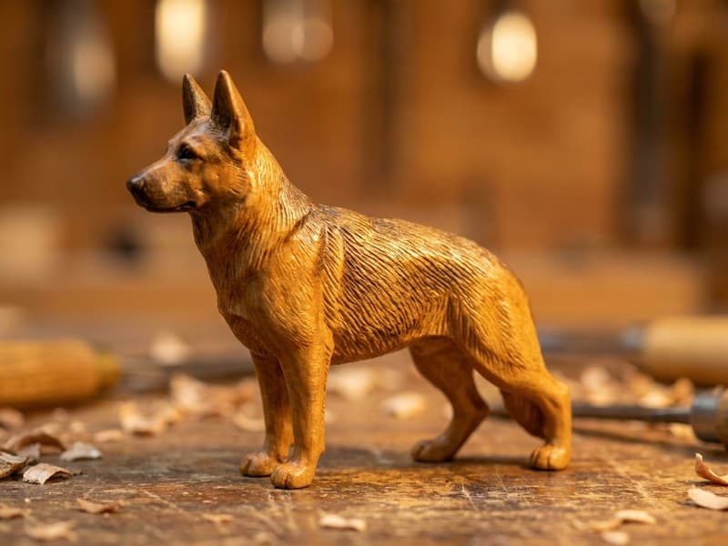 Miniature German Shepherd wood carving with sloping topline and saddle coat texture