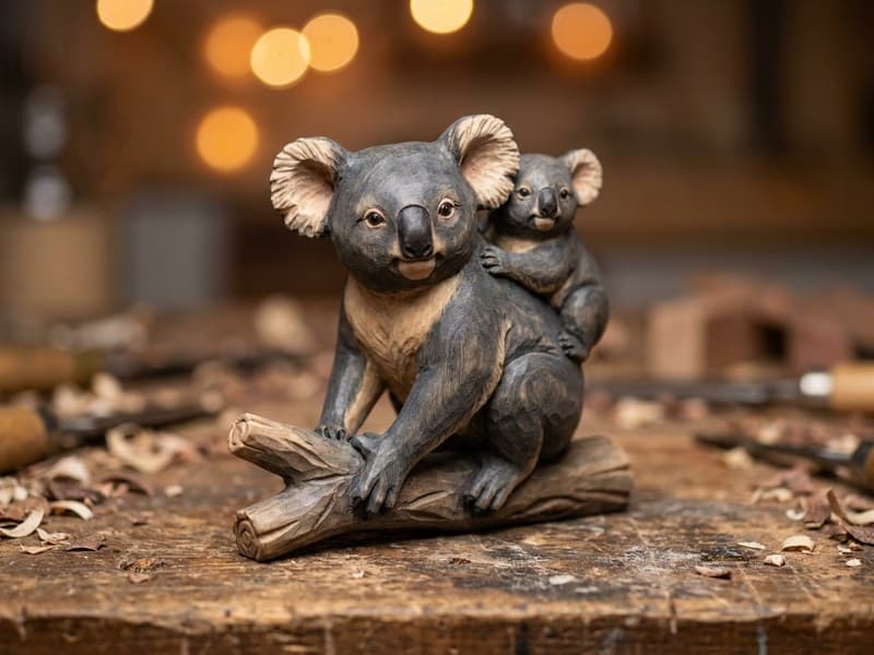 Miniature koala mother and joey wood carving clinging to a carved eucalyptus branch