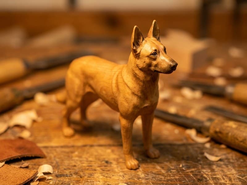 Miniature Belgian Malinois wood carving in alert standing pose on a craftsman's bench