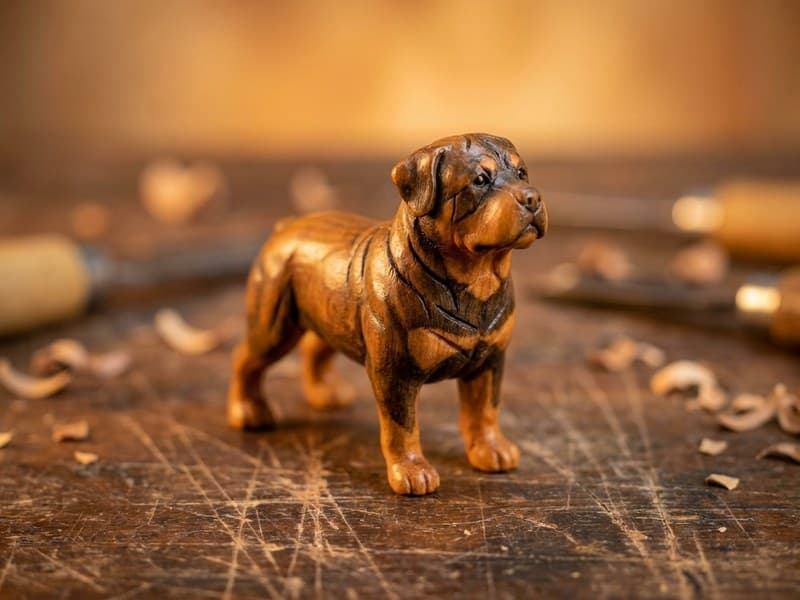 Miniature Rottweiler wood carving showing broad skull and powerful chest