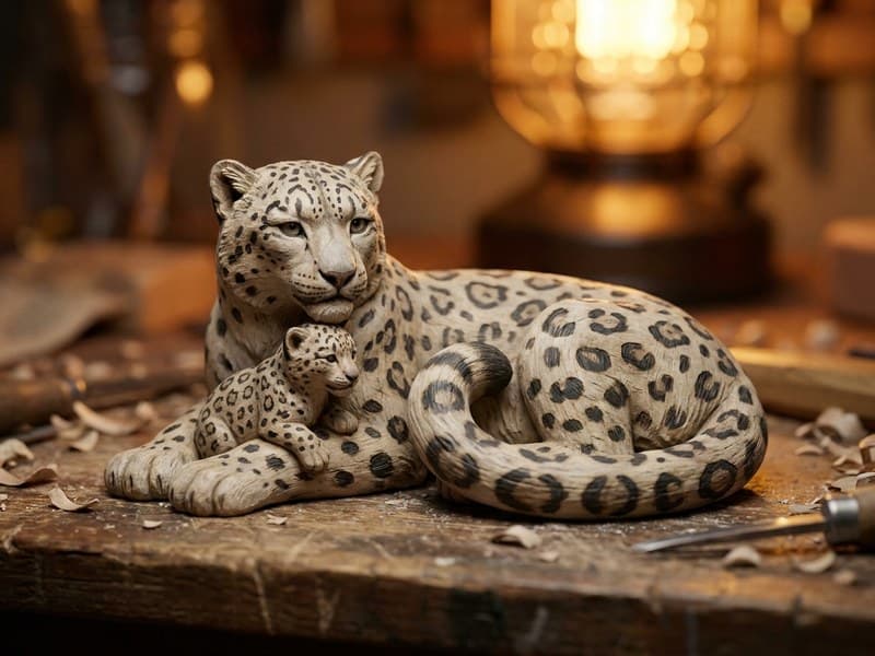 Miniature snow leopard mother and cub wood carving with charcoal rosette pattern