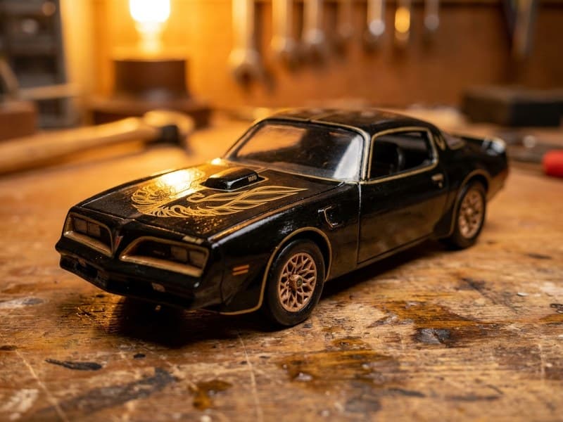 Miniature 1977 Pontiac Trans Am wood carving with a gold firebird hood decal