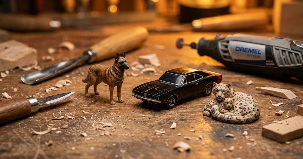 Three finished miniature wood carvings — a Belgian Malinois, a 1969 Dodge Charger, and a snow leopard — on a dust-covered craftsman's workbench surrounded by carving tools