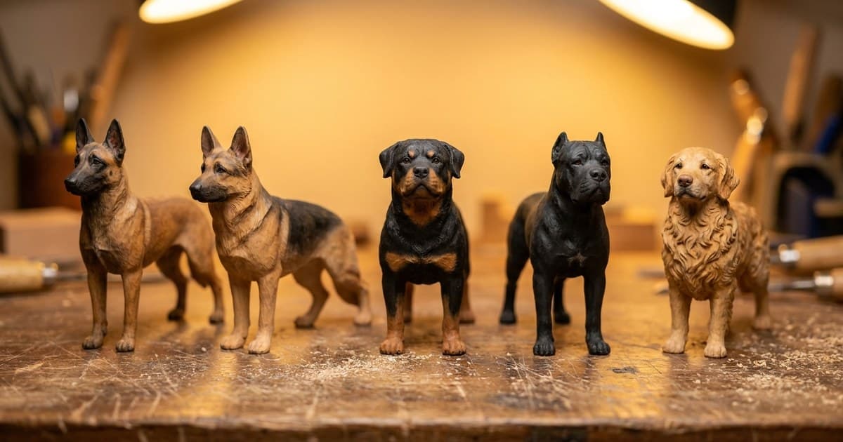 A lineup of five finished miniature dog wood carvings — Belgian Malinois, German Shepherd, Rottweiler, Cane Corso, and Golden Retriever — on a craftsman's bench