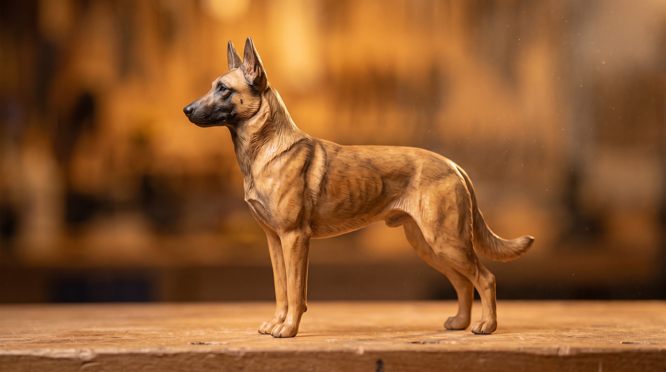 Belgian Malinois sculpture standing in full profile, tan coat with a dark mask, carved muscle definition catching the light
