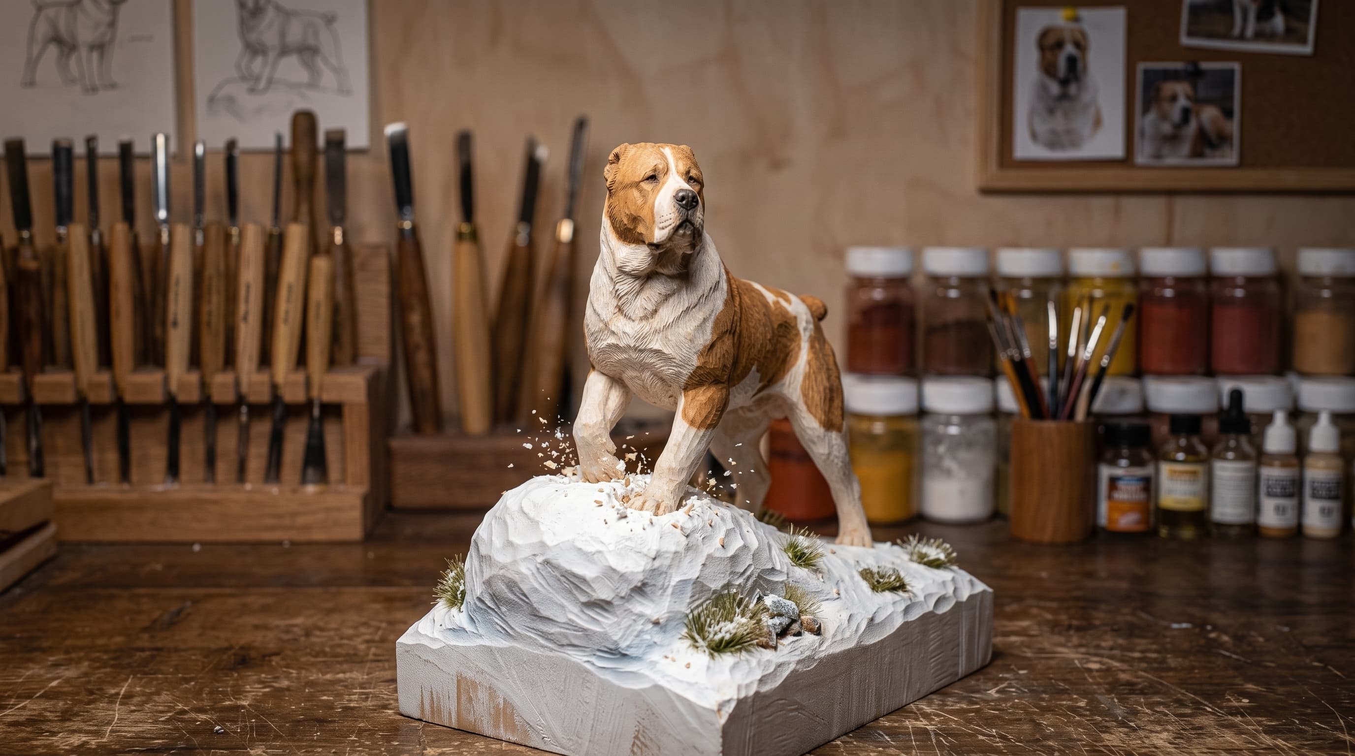 A finished fawn and white guardian breed sculpture standing on a carved snow-covered rock base, on a workbench lined with chisels, pigment jars, brushes, and pinned reference photos and drawings